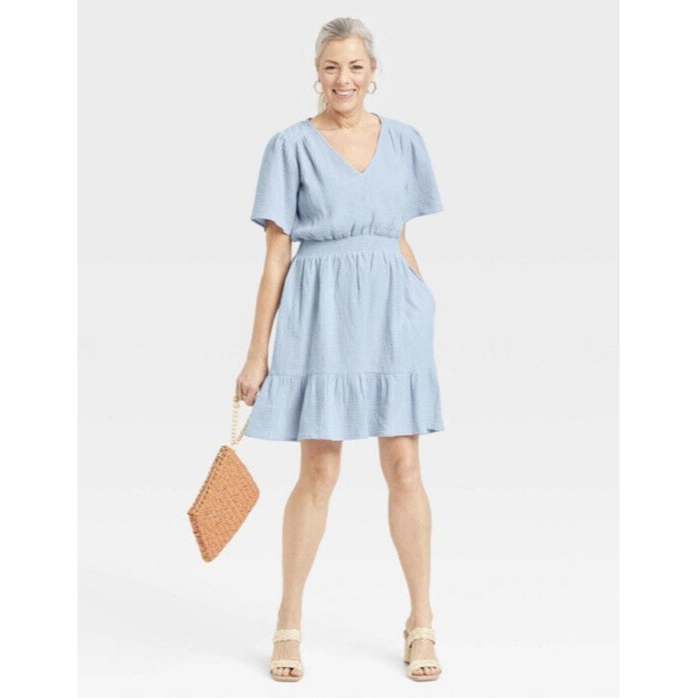 Knox Rose Dress Women's Plus Size 2XL Blue Flutter Short Sleeve Gauze A-Line